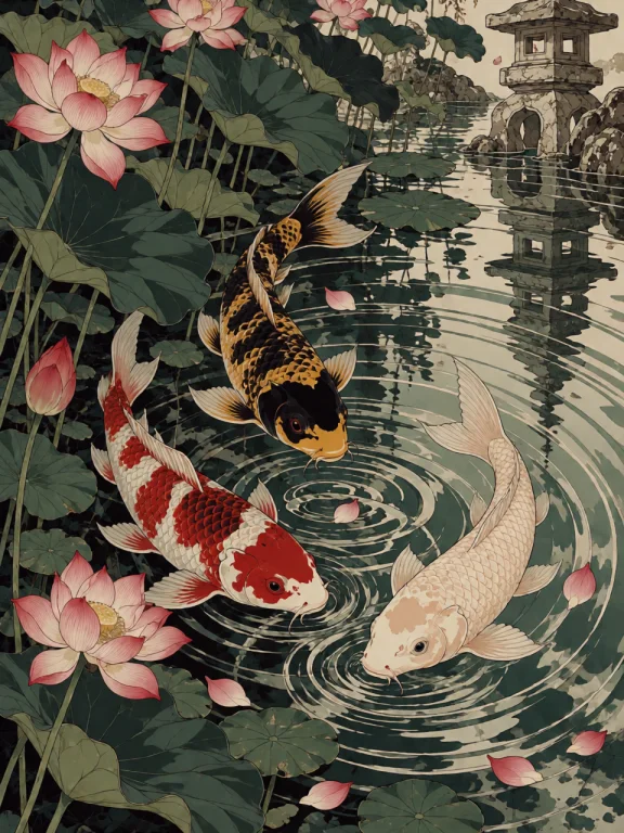 An Overhead View Of Three Koi Fish, One Red And White, One B...