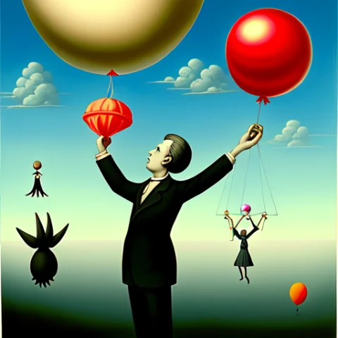 A Surrealist Painting Of A Person Holding A Balloon That Is... — Stable Diffusion AI Prompt: A surrealist painting of a person holding a balloon that is lifting them up into...