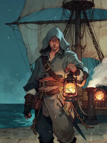 Bradhamel Art Style. A Grim, Hooded Pirate Captain With Glow... — Stable Diffusion AI Prompt: Bradhamel art style. A grim, hooded pirate captain with glowing orange eyes stan...