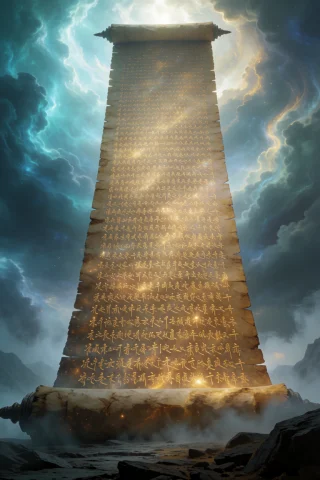 A Monumental Ancient Parchment Scroll Unrolling Vertically F... — Stable Diffusion AI Prompt: A monumental ancient parchment scroll unrolling vertically from the stormy sky d...