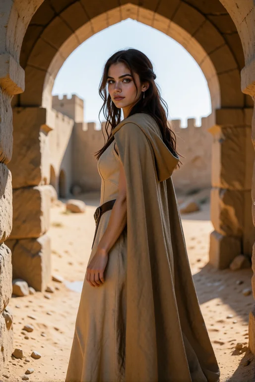 A Young Woman Looks Back From A Stone Archway Of A Desert Ci...