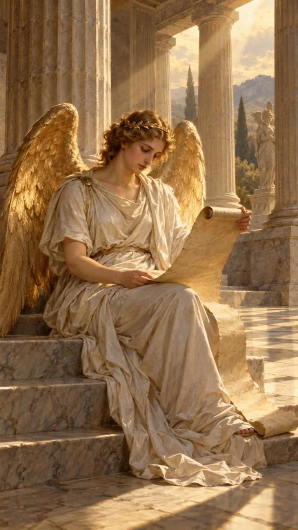 An Angel With Large Golden-feathered Wings And Draped In Flo...