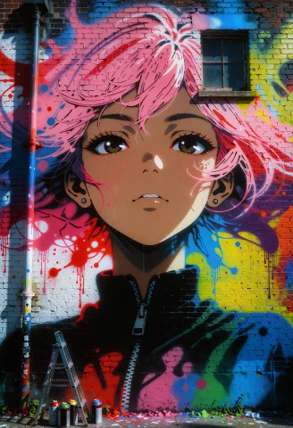 A Daylight Photograph Of A Huge Spray-painted Graffiti Mural... — Stable Diffusion AI Prompt: A daylight photograph of a huge spray-painted graffiti mural of an anime charact...