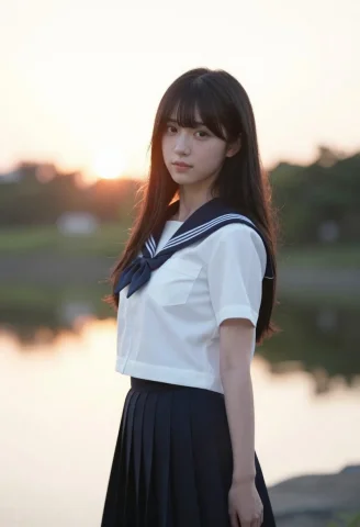 Cute Japanese Girl,sunrise Cdwater Falls — Stable Diffusion AI Prompt: Cute Japanese 　girl,。夏の制服。sunrise 　　　　スレンダー。胸はC～Dカップ。黒...