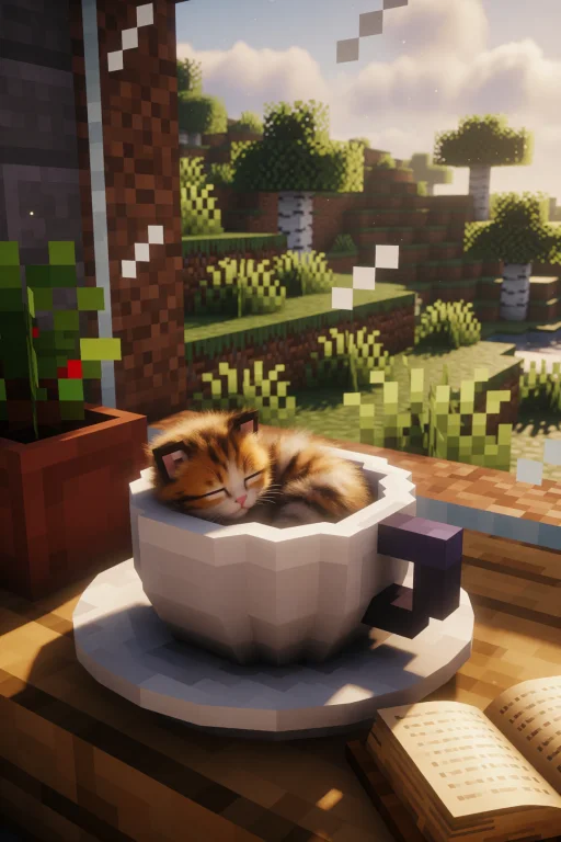 Minecraft Tiny Fluffy Kitten Curled Up Asleep Inside A Large...