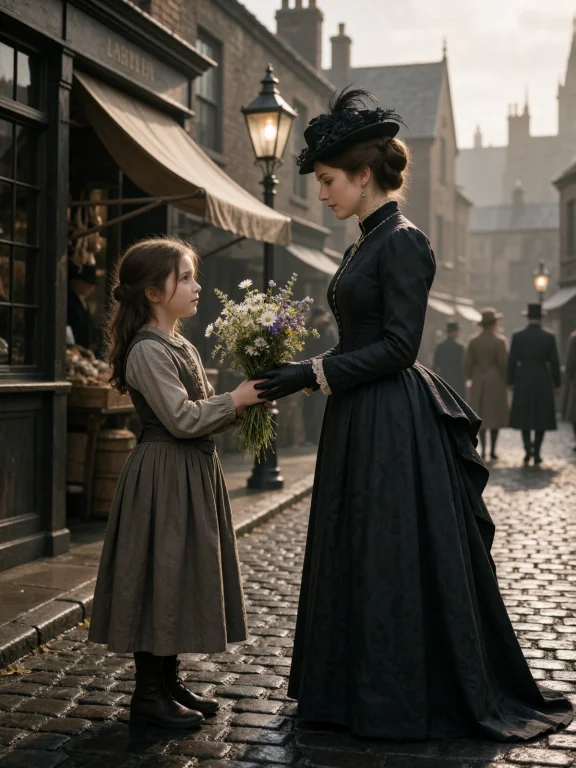 A Cinematic Historical Street Scene Shows A Quiet Early-morn...