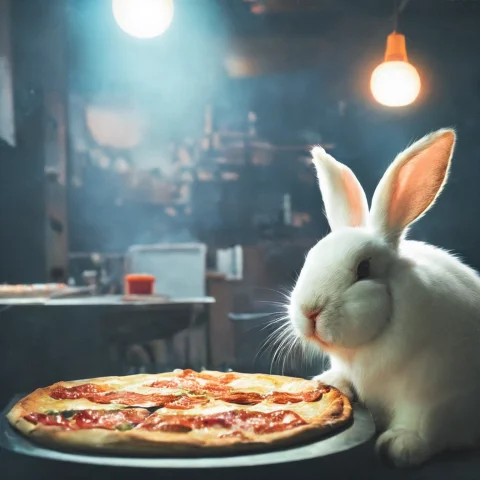 Classicnegative Photo Of A Cute White Fluffy Rabbit Baking A... — Stable Diffusion AI Prompt: classicnegative photo of a cute white fluffy rabbit baking a pizza in a restaura...
