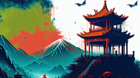 Mdjrny-pntrt, Chinese Shrine, Contrasting Colour Palette — Stable Diffusion AI Prompt: mdjrny-pntrt, Chinese Shrine, contrasting colour palette