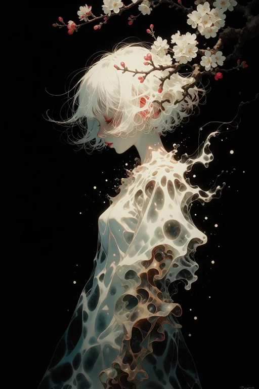 Ephemeral Silhouette Of A Girl In Black Space, Luminescent,...
