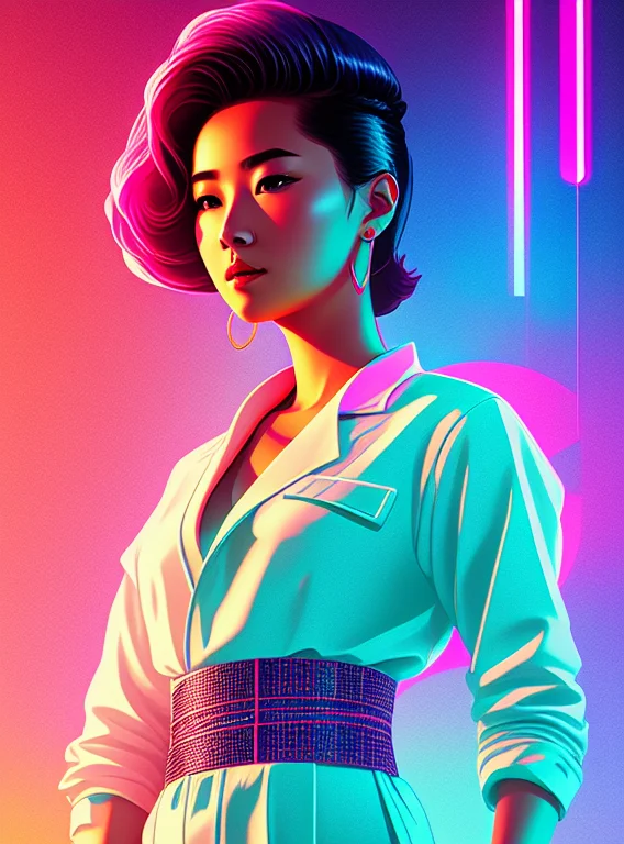 Synthwave, Full Body Portrait Of A Beautiful Young Mongolian...