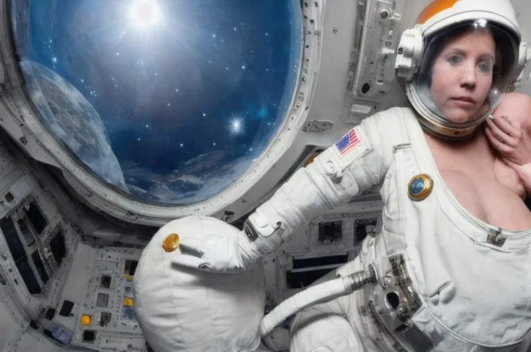 Kabuka Girl Flying In The Space In The Astronaut Suit. Detai...