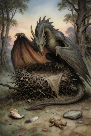A Dragon Standing Over A Large Empty Nest Woven Of Branches... — Stable Diffusion AI Prompt: A dragon standing over a large empty nest woven of branches and cloth, its head...