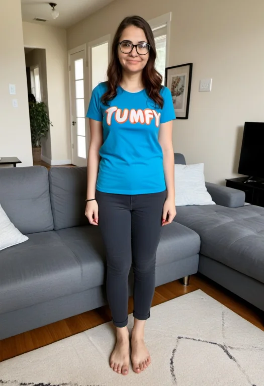 A Nerdy Woman Stand, Full Shot, In Livingroom ,barefoot,t Sh...