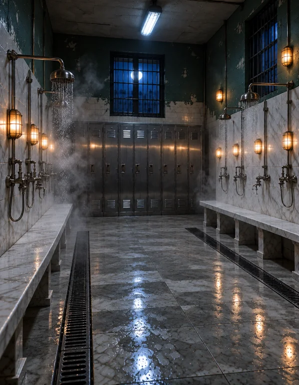 W0m3ns Pr1s0n, Photorealistic, The Same Empty Communal Showe...