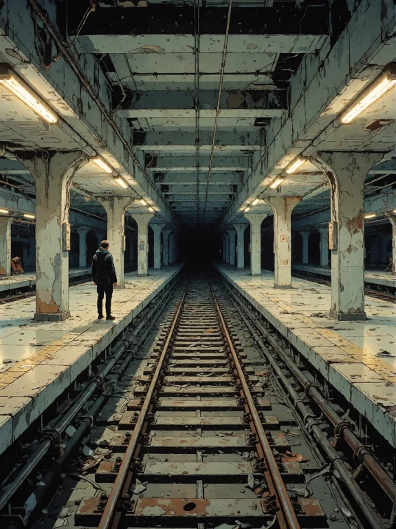 A Solitary Commuter Standing On An Abandoned Underground Tra...