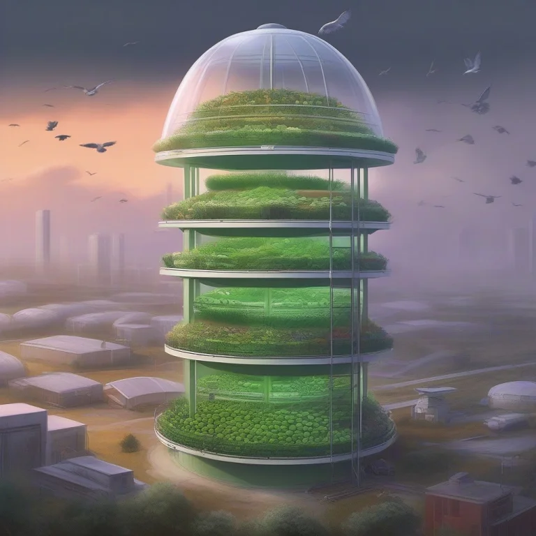 A Vertical Farm Tower Feeding A Domed Colony, Graphic Novel...