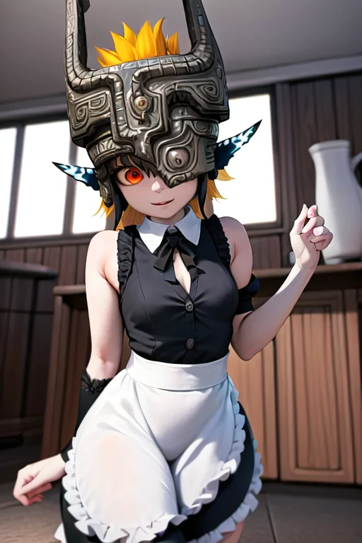 Tfmmidna , Helmet, Red Eyes, Pointy Ears, 1girl, Maid Costum...