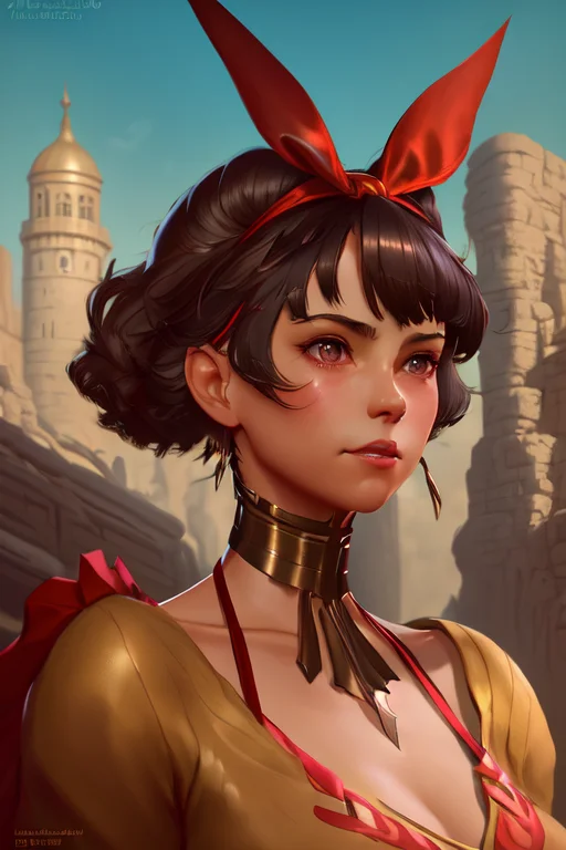 Close Portrait Of Josierz, Red Bow On The Head, Digital Pain...