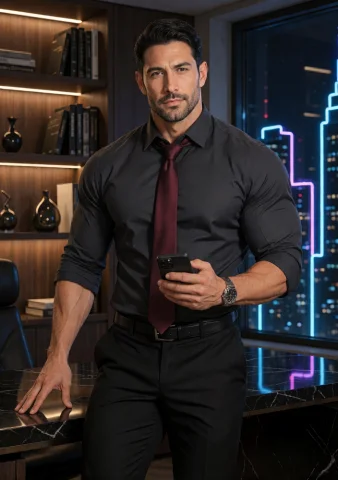 Xshirt1, A Muscular Man With Dark Hair And A Trimmed Beard S... — Stable Diffusion AI Prompt: Xshirt1, A muscular man with dark hair and a trimmed beard stands confidently be...