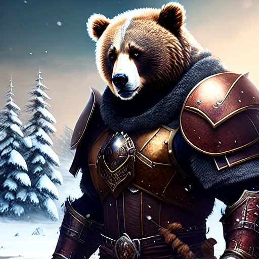 A Bear Warrior With Iron Armor, In Snow, Highly Detailed, Di...