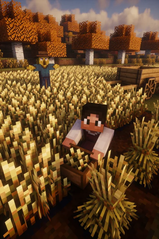 Minecraft Style. A Girl In Farm Clothes Kneeling In A Field...