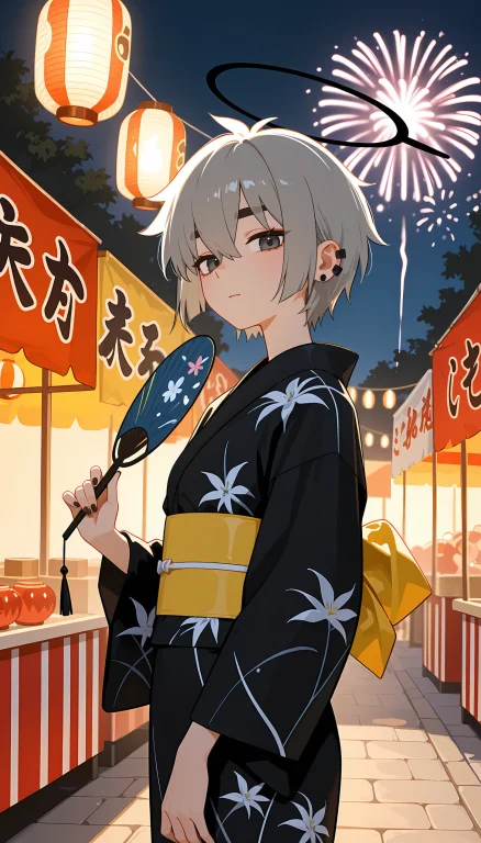 Qi4njun, 1girl, Solo, Qi4nhalo, Halo, Black Halo, Yukata, Bl...