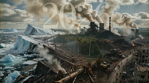 Melancholic Analog Editorial Photograph Representing The Yea... — Stable Diffusion AI Prompt: Melancholic analog editorial photograph representing the year 2026, wide landsca...