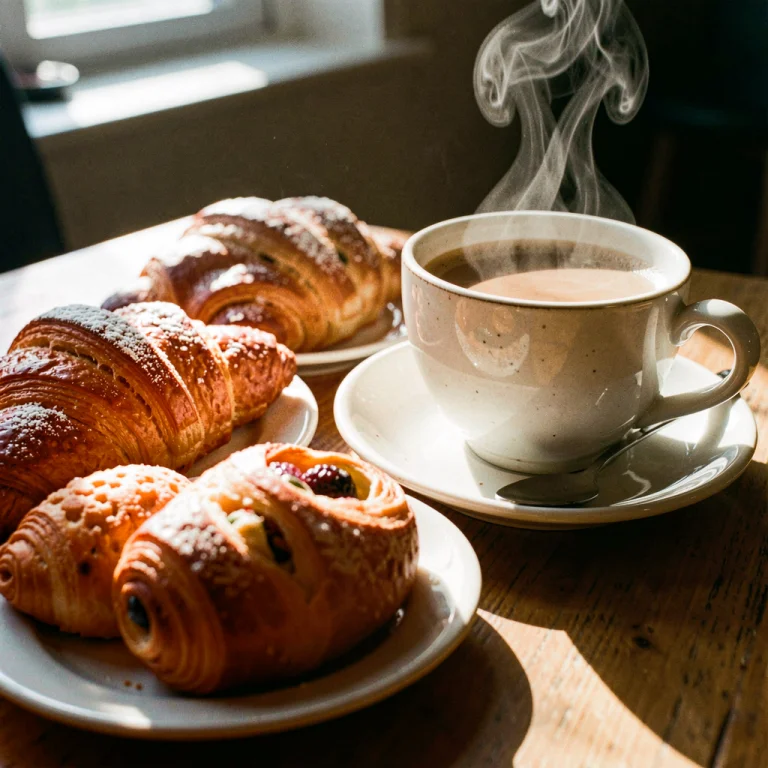 A Steaming Cup Of Coffee Beside Fresh Pastries, Cinematic Ph...