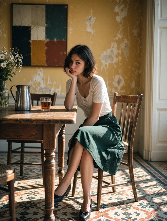A Young Woman With Dark Hair Sits At A Wooden Table In A Sun...