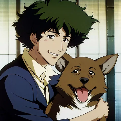 1boy, Spike Spiegel, Smiling, Hugging Dog, Happy — Stable Diffusion AI Prompt: 1boy, spike spiegel, smiling, hugging dog, happy