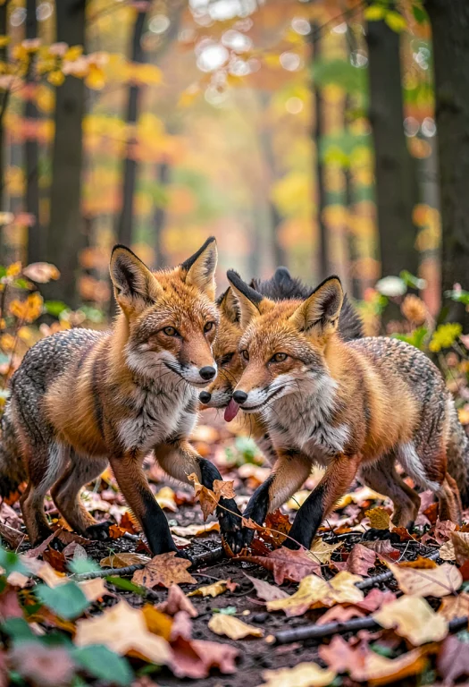 A Fox Family Playing In An Autumn Woodland, Macro Lens, High...