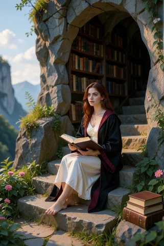 A Young Woman Sits On The Steps Of A Cliff Library Carved In... — Stable Diffusion AI Prompt: A young woman sits on the steps of a cliff library carved into rock, wearing a s...
