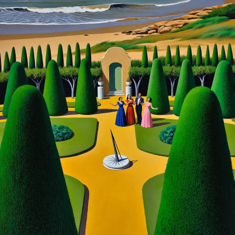 Lorazptagk2e101 A Small Formal Garden, Topiary Trees, Sundia... — Stable Diffusion AI Prompt: a small formal garden, topiary trees, sundial. An organic caribbean green and m...