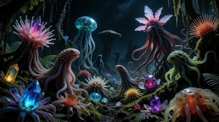 A Photorealistic Image Of A Jungle-like Landscape On A Dark...