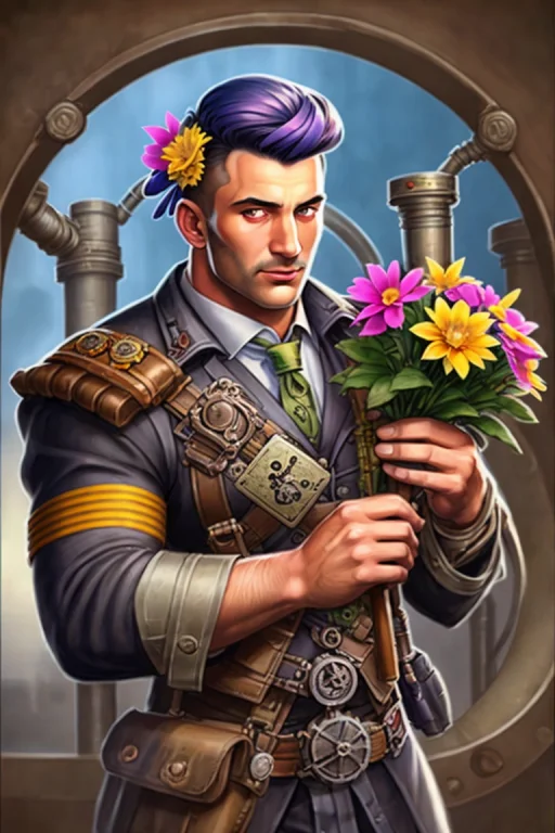 Realistic Sketch Portrait Of A Man, Flowers, Gears, Pipes, D...