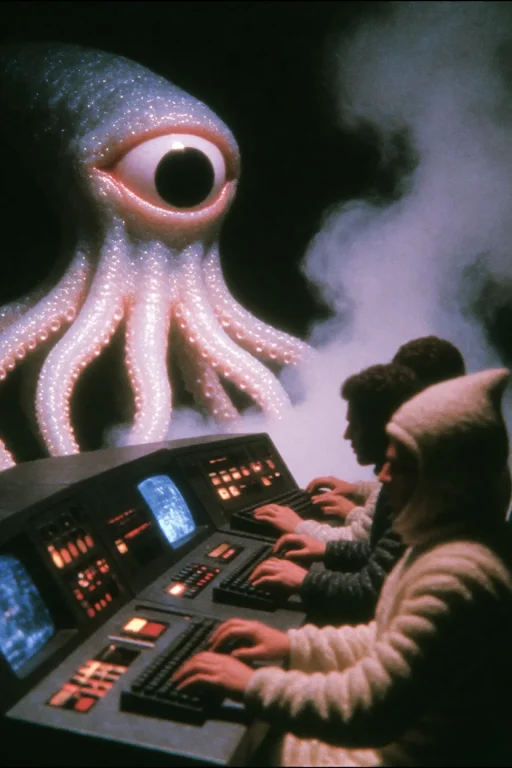 Dcdrkfntsy, A Smoky, Dimly Lit Control Room Where A Large, S...