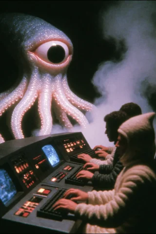 Dcdrkfntsy, A Smoky, Dimly Lit Control Room Where A Large, S... — Stable Diffusion AI Prompt: dcd@rkf@ntsy, A smoky, dimly lit control room where a large, squid-like creature...
