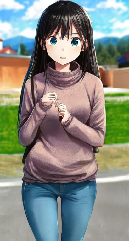 1girl, Face, Sweater, Outdoors, Jeans, Sky, Flat