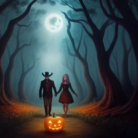A Vampire And A Zombie Walking In A Haunted Digital Cartoon... — Stable Diffusion AI Prompt: a vampire and a zombie walking in a haunted digital cartoon forest on a trail li...