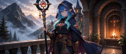 An Adult Dark Mage With Ocean-blue Hair That Fades To Seafoa... — Stable Diffusion AI Prompt: An adult dark mage with ocean-blue hair that fades to seafoam at the tips, crims...