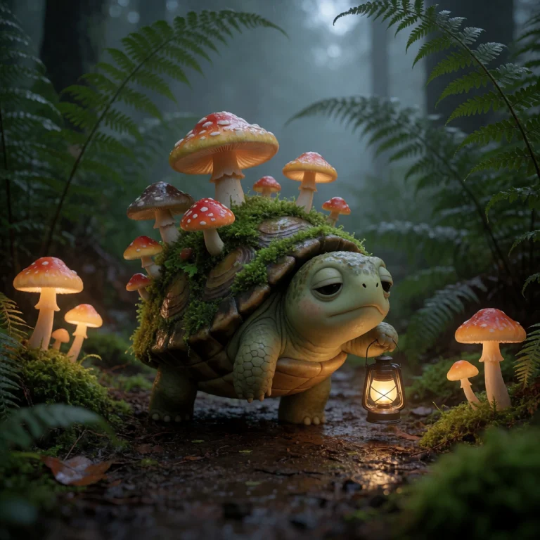 A Sleepy Mushroom Turtle Creature With A Tiny Round Body, A...