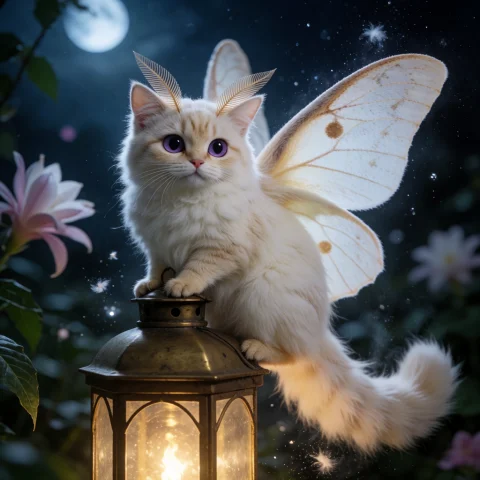 A Fluffy Moth-cat Hybrid Creature With Cream Fur, Velvety Wi... — Stable Diffusion AI Prompt: a fluffy moth-cat hybrid creature with cream fur, velvety wings and large violet...
