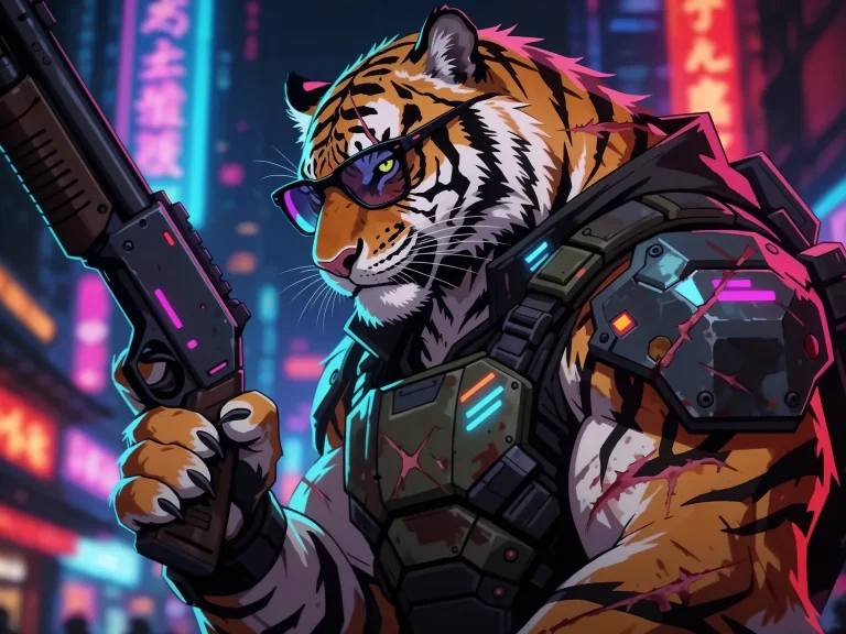 Cyberpunk Tiger With Sunglasses Holding Gun Neon City Backgr...