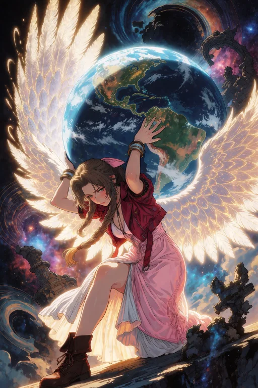 A Dramatic And Heroic Digital Art Illustration Of Aerith Gai...