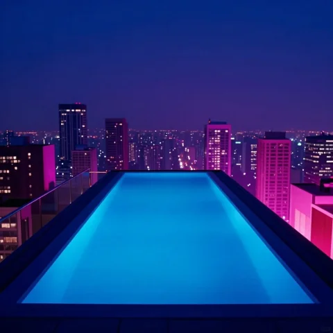 A Rooftop Infinity Pool Overlooking The Skyline, Retro Futur... — Stable Diffusion AI Prompt: a rooftop infinity pool overlooking the skyline, retro futurism, high angle shot...