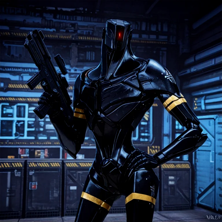 Valkbot,robot,dark Body,solo Female,hand On Hip,contrapposto...
