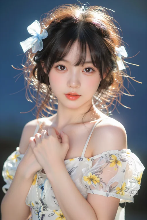 超写实人像写真,年轻温柔东亚少女,深棕色蓬松盘发,发丝轻盈凌...