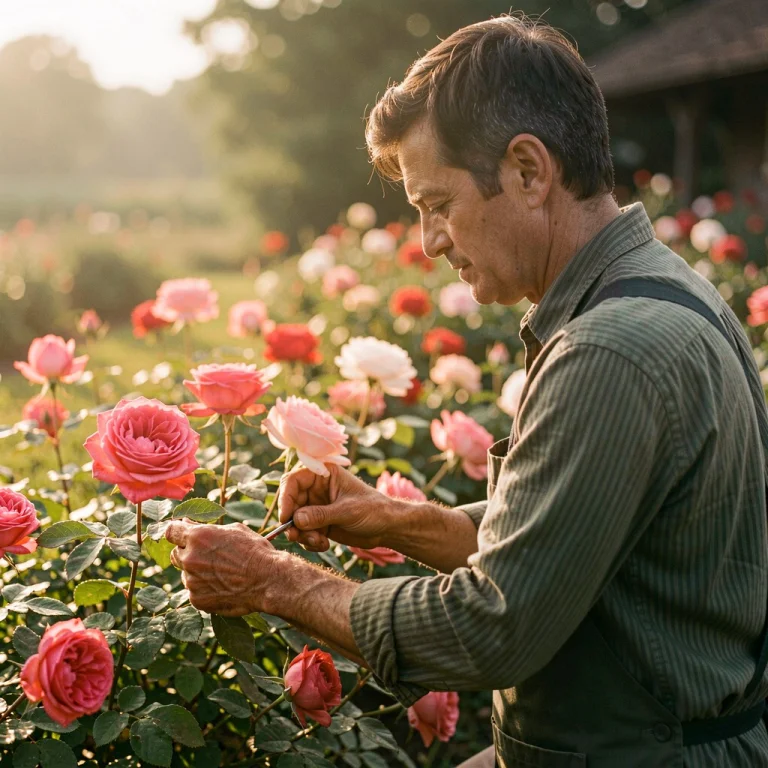A Gardener Tending Roses In Early Morning Light, Editorial P...