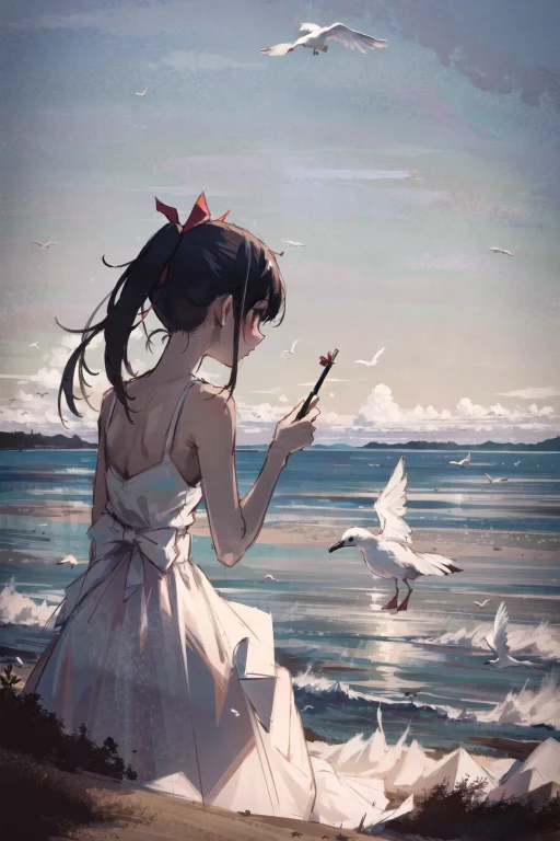 1girl, Solo, Dress, Bird, Seagull, Ocean, Black Hair, Long H...