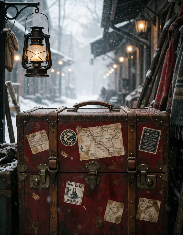 Create A Refined Vertical Scene Depicting An Old Traveling T...
